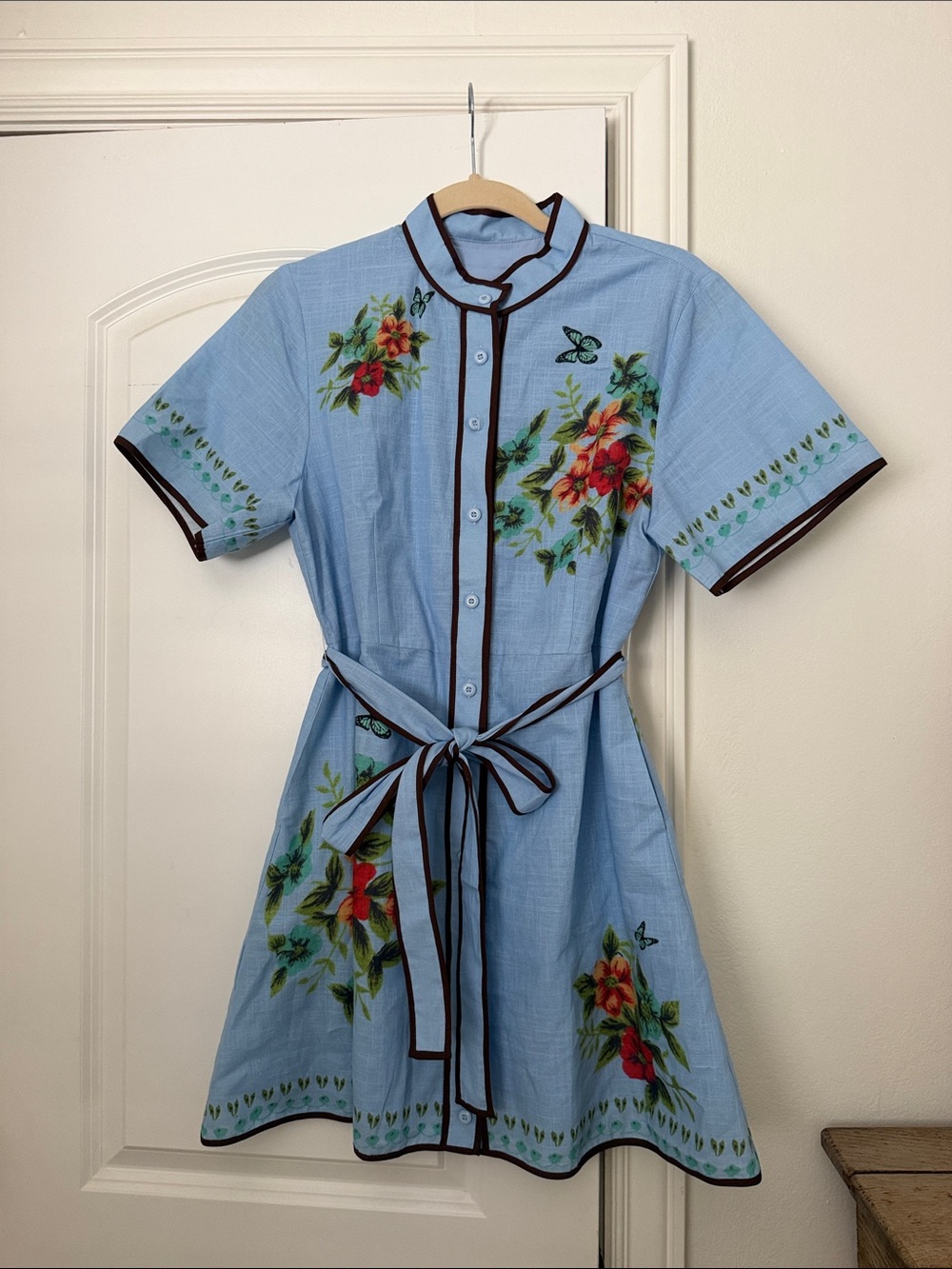 Light Blue Floral Button-Front Short Sleeve Dress